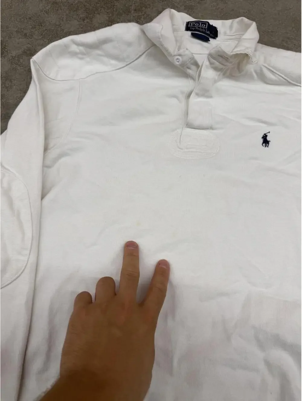 vintage polo ralph lauren white rugby polo shirt size medium HAS STAIN